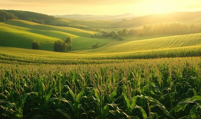 Wall Mural - View on cornfield, green leaves, endless rows