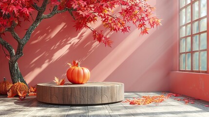 Wall Mural - Autumnal Still Life with Pumpkin and Wooden Platform