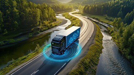 A futuristic truck on the road, an Autonomous truck with artificial intelligence, driving over rivers and lakes. Cargo delivery, transportation of the future. Artificial intelligence. Self-driving.