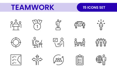 Teamwork linear icons collection. Set of coworking space icons. Business teamwork, team building, work group, and human resources minimal thin line web icon set.