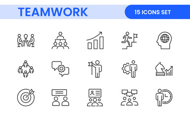 Teamwork linear icons collection. Set of coworking space icons. Business teamwork, team building, work group, and human resources minimal thin line web icon set.