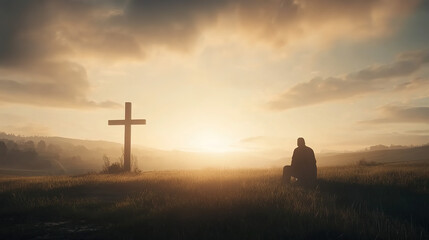 Christian Themed Banner with Silhouette of a Man Kneeling in Front of a Cross Against a Sunset Sky, Photorealistic