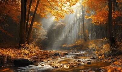 Wall Mural - Tranquil autumn landscape, dense woods, vibrant foliage