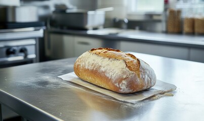 Poster - Warm loaf of bread on a metal table, industrial kitchen