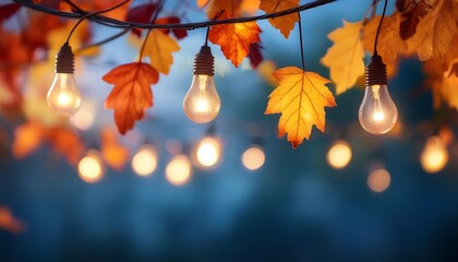 Autumn lightbulb bokeh background. Warm Glow Against Cool Hues - A close-up of glowing string lightbulbs wrapped around vibrant color leaves. Graphic art illustration