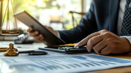 Fototapete - Using tablet pc, Consultant between bookkeepers and accounting lawyer consultation about asset, balance sheet, stock market statistics and yearly tax law, protect business from bribery.