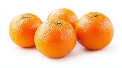 Four ripe oranges, with a textured skin and a bright orange color, are arranged in a group on a white background.