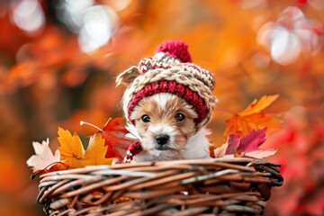 Wall Mural - Dog in a wicker basket in the leaves in autumn