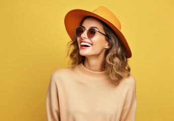 Canvas Print - Portrait of happy young woman wearing sunglasses holding autumn leaf on pastel background