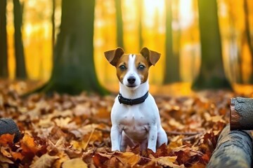 Wall Mural - Adorable Jack Russell Terrier dog playing in park in autumn, wide shot