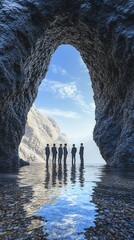 Silhouetted figures stand inside a large rock arch, overlooking a scenic view of the ocean and a clear blue sky.