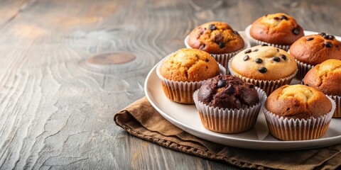 Wall Mural - Plate of freshly baked muffins , food, bakery, snack, breakfast, delicious, homemade, sweet, tasty, baked goods