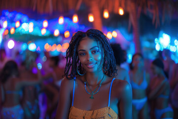 smiling woman enjoying vibrant nightlife at beach party under lights