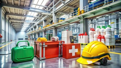 A clean and organized industrial workplace with safety gears, first aid kits, and hazard signs, promoting a safe and healthy working environment.