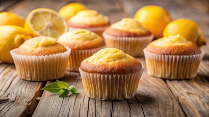 Close-up of freshly baked lemon muffins on a wooden table, lemon, muffins, baked, dessert, food, sweet, delicious, snack