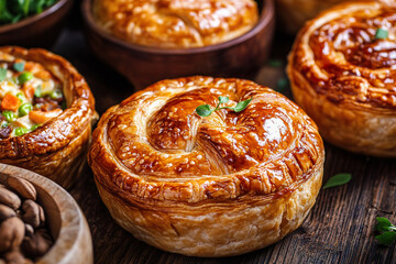 Savory puff pastry pies with golden crusts filled with chicken and vegetables