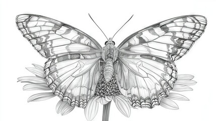 Canvas Print -   A monochrome illustration depicting a butterfly perched on a flower with spread-out wings