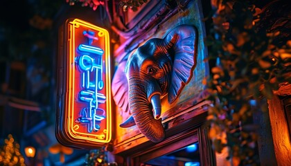 The bar sign under the neon lights at night, the characteristic elephant pattern complements the hotel sign, full of vitality and charm.