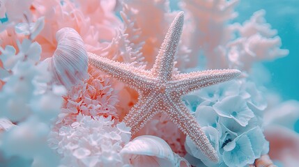 Sticker -   A close-up of a starfish on a coral among other corals in the background