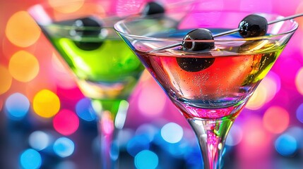   A close-up of two martini glasses with olives on the rim and a colorful boke of lights in the background