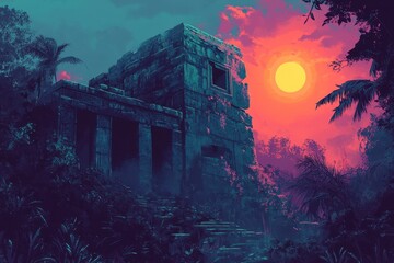 Ancient Stone Structure in Jungle Under Sunset