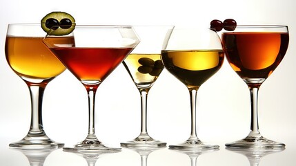 Poster -   A line of wine glasses with various wines and an olive on top of one glass