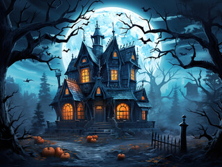 Superb Old wooden grungy dark evil haunted house with evil spirits with full moon cold fog atmosphere