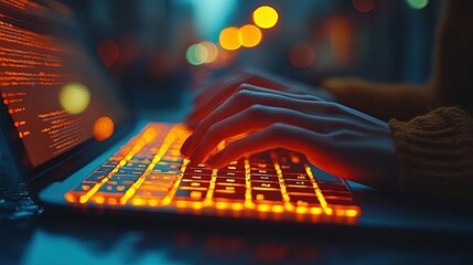 software developer working late night writing code on illuminated keyboard