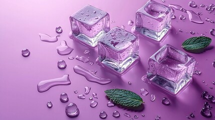 Sticker -   Three ice cubes atop a purple surface with water drops