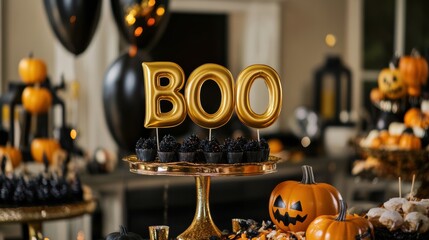 Sticker - A halloween decorations are displayed on a table with gold letters, AI