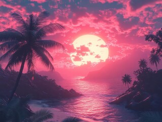 retrofuturistic sunrise over tropical paradise neon pink and teal sky silhouetted palm trees distant mountains vaporwave aesthetic meets natural beauty