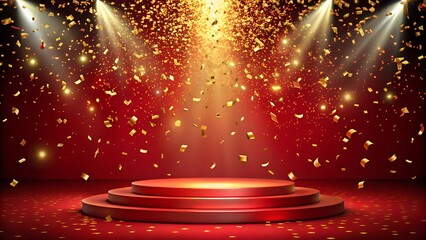 Red podium with golden confetti and spotlight, set in a celebratory scene. Ideal for awards or special event displays. Copy space available. 