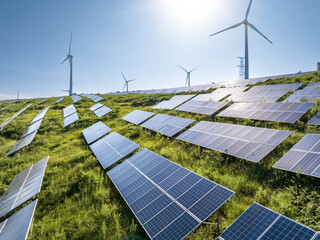 view of solar power station and wind power station on hill