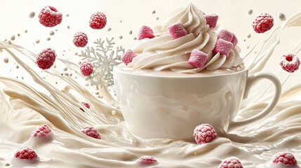 Wall Mural -  White cup with whipped cream and raspberries on white table with powder