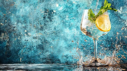 Wall Mural -   A glass of water with a lemon slice and a green leaf on the rim, splashing