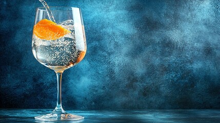 Poster -   A drink in a glass with an orange slice, set against a blue background