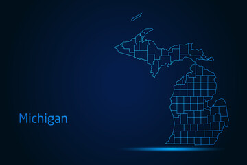 Abstract High Detailed Glow Blue Map on Dark Background of Map of Michigan symbol for your web site design map logo, app, Travel. Vector illustration eps 10.	
