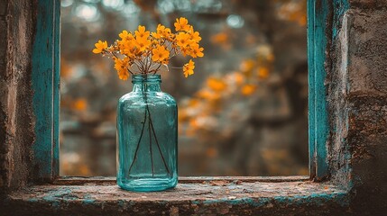 Sticker -   A vase brimming with yellow blossoms rests atop a windowsill, framing a window