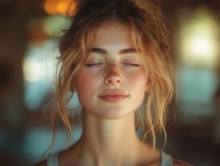 Sticker - serene meditation scene young woman with closed eyes and slight smile soft ambient lighting minimalist modern interior focus on inner peace