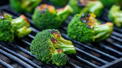 Wall Mural - A close up of a grill with broccoli on it and some other vegetables, AI