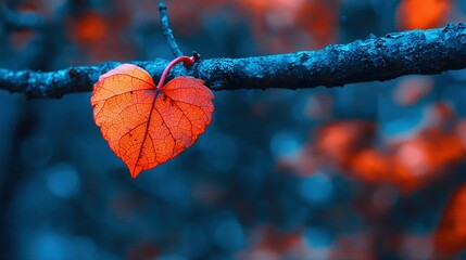 Wall Mural -   A heart-shaped leaf dangles from a forest branch during sunset or sunrise, with blue and orange background hues