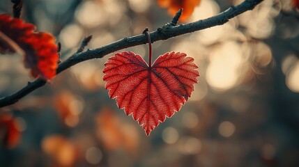 Sticker -   Heart-shaped leaf hanging on a tree branch amidst a sea of blurry leafy foliage