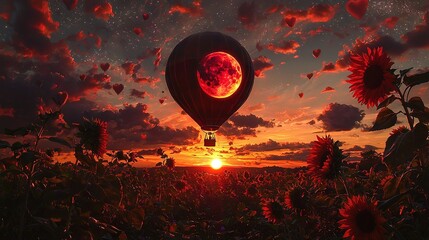 Sticker -   Hot air balloon flies over sunflower field at sunset