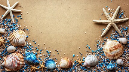 Poster -  Seashells, starfish, and sand arranged in a circle on a brown canvas with space for text