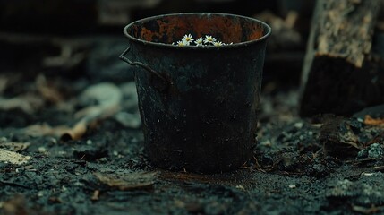 Sticker -   A bucket filled with white flowers sits atop dirt-covered grass, near a tree