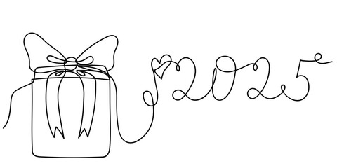 A simple line drawing of a gift box with a bow and the year 2025 in cursive script