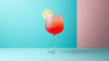 Poster -   A close-up of a drink in a wine glass with a lemon slice on the rim