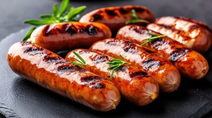 Wall Mural - A group of sausages are on a plate with some herbs, AI