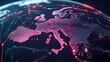 © BYAI - A detailed digital map showcasing Europe with vibrant pink connections overlaid at night, highlighting technological advancements and connectivity