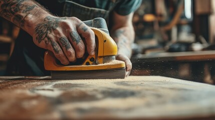 A man is sanding a piece of wood with a sander